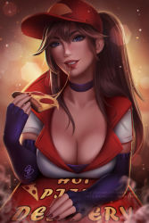 Rule 34 | 1girl, baseball cap, black eyes, breasts, brown hair, choker, cleavage, collarbone, deviantart username, eating, elbow gloves, employee uniform, eyebrows, flat cap, food, gloves, grin, hat, large breasts, league of legends, lips, looking at viewer, nail polish, nose, olchas, patreon username, pizza, pizza delivery sivir, ponytail, shirt, sivir, smile, solo, t-shirt, teeth, uniform