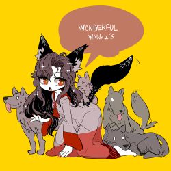 Rule 34 | 1girl, animal ears, barefoot, brooch, brown hair, dress, english text, eyes visible through hair, flat chest, imaizumi kagerou, jewelry, kneeling, lavender dress, legs, long hair, nail polish, open mouth, red dress, red eyes, red nails, see-through, simple background, solo, sparkle, symbol-shaped pupils, tail, thighs, touhou, very long hair, wolf, wolf ears, wolf tail, yellow background, yt (wai-tei)