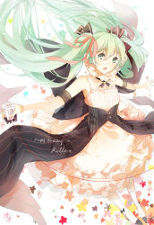 Rule 34 | 1girl, dress, floating hair, green eyes, green hair, hair ribbon, hatsune miku, highres, long hair, matching hair/eyes, microphone, outstretched arms, ppportia, ribbon, solo, spread arms, twintails, very long hair, vocaloid