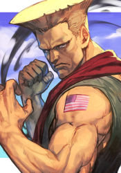 Rule 34 | 1boy, american flag tattoo, biceps, blonde hair, blue background, brown eyes, capcom, closed mouth, fighting stance, flattop, frown, green vest, guile, hungry clicker, looking at viewer, male focus, muscular, muscular male, red scarf, sanpaku, scarf, solo, street fighter, upper body, vest