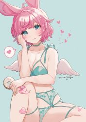 Rule 34 | 1girl, :q, ahoge, animal ears, armpit crease, bandaid, bandaid on leg, bare arms, bare legs, bare shoulders, blue background, blush, bow, bow bra, bra, breasts, choker, cleavage, closed mouth, collarbone, commentary, commission, doughnut, english commentary, eyelashes, fake animal ears, feet out of frame, food, garter belt, green bra, green choker, green eyes, green panties, hand on own knee, hand up, head rest, heart, highres, holding, holding food, lingerie, looking at viewer, medium breasts, midriff, mini wings, miyako (xxxbibit), navel, original, panties, pink hair, short hair, signature, simple background, skindentation, solo, speech bubble, stomach, string panties, swept bangs, symbol-only commentary, tongue, tongue out, underwear, underwear only, white wings, wings