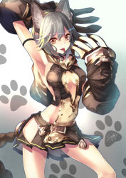 Rule 34 | &gt;:3, 10s, 1girl, :3, animal ears, animal hands, arm up, armband, armpits, artist name, bad id, bad pixiv id, black skirt, breasts, cat ears, cat paws, center opening, claw (weapon), cleavage, collar, collarbone, covered navel, cowboy shot, dated, erune, eyebrows, fang, gloves, gradient background, granblue fantasy, grey hair, hair between eyes, highres, hip vent, hood, hood down, long hair, looking at viewer, medium breasts, miniskirt, orange eyes, outline, paw gloves, paw print, pleated skirt, saraki, sen (granblue fantasy), sideboob, skirt, smile, solo, tongue, tongue out, v-shaped eyebrows, weapon