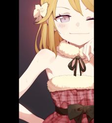 Rule 34 | 1girl, bare shoulders, black bow, black ribbon, blonde hair, bow, closed mouth, commentary request, doremi (doremi4704), dress, flat chest, fur collar, grey eyes, hair bow, highres, idolmaster, idolmaster cinderella girls, korean commentary, looking at viewer, neck ribbon, one eye closed, pillarboxed, red dress, ribbon, smile, solo, sweat, upper body, white bow, yuuki haru
