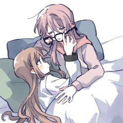 Rule 34 | 2girls, absurdres, artist request, bang dream!, bang dream! it&#039;s mygo!!!!!, blue eyes, blush, brown hair, chihaya anon, closed eyes, closed mouth, commission, glasses, highres, hood, hoodie, long hair, multiple girls, nagasaki soyo, pajamas, parted lips, pillow, pink hair, pink hoodie, second-party source, shirt, simple background, smile, under covers, white background, white shirt, yuri