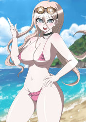Rule 34 | 1girl, absurdres, barbed wire, beach, bikini, black choker, blonde hair, blue eyes, breasts, choker, cleavage, commission, commissioner upload, danganronpa (series), danganronpa v3: killing harmony, female focus, goggles, goggles on head, hair between eyes, hand on own hip, highres, iruma miu, large breasts, long hair, looking at viewer, navel, open mouth, pink bikini, pointing, pointing up, shiny skin, smile, solo, swimsuit, teeth, thick thighs, thighs, upper teeth only