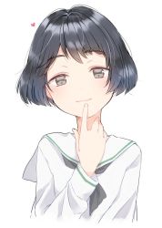 Rule 34 | 10s, 1girl, black eyes, black hair, black neckerchief, blouse, closed mouth, commentary request, finger to mouth, girls und panzer, long sleeves, looking at viewer, neckerchief, ooarai school uniform, school uniform, serafuku, shirt, short hair, simple background, smile, solo, standing, tam a mat, upper body, utsugi yuuki, white background, white shirt