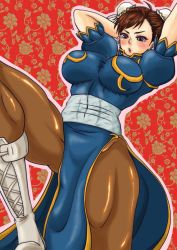 Rule 34 | 1girl, blush, boots, breasts, capcom, china dress, chinese clothes, chun-li, cross-laced, double bun, dress, earrings, floral background, hair bun, highres, jewelry, large breasts, pantyhose, sakkun, solo, street fighter
