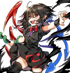 Rule 34 | 1girl, :d, ahoge, asymmetrical wings, black dress, black hair, black thighhighs, blush, bow, bowtie, cowboy shot, dress, eyes visible through hair, hair between eyes, highres, houjuu nue, looking at viewer, manarou, open mouth, pointy ears, red eyes, short hair, simple background, smile, snake, solo, thighhighs, touhou, white background, wings, wristband