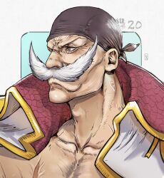 Rule 34 | 1boy, bandana, black bandana, brown eyes, closed mouth, collarbone, commentary request, edward newgate, english text, facial hair, highres, iago fn, male focus, mustache, one piece, open clothes, portuguese commentary, solo