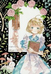 Rule 34 | 1boy, 1girl, ahoge, apron, artist name, blonde hair, blue dress, blush, book, closed mouth, dress, flower, frills, green eyes, highres, hntaa, holding, holding book, holding hands, leaf, looking at viewer, mushroom, original, out of frame, painting (medium), pink flower, pink rose, plant, puffy sleeves, rabbit, rose, short hair, short sleeves, smile, solo focus, traditional media, watercolor (medium), white apron, white flower