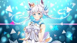 Rule 34 | 1girl, absurdres, ahoge, alternate eye color, alternate hairstyle, animal ears, blue background, blue bow, blue eyes, blue hair, blush, bow, bowtie, braid, breasts, closed mouth, cno, colored inner hair, commentary, crown, dress, floating hair, fox ears, gloves, hair ribbon, hands on own chest, highres, hololive, idol, large bow, light blue hair, long hair, looking at viewer, medium breasts, mini crown, multicolored hair, official alternate costume, own hands together, patterned background, pentagram, ribbon, shirakami fubuki, side braid, silver hair, sleeveless, sleeveless dress, smile, solo, tri braids, twintails, two-tone hair, upper body, virtual youtuber, white bow, white dress, white gloves