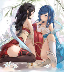 Rule 34 | 2girls, bare shoulders, black hair, black socks, blue dress, blue eyes, blue hair, blush, bra, grabbing another&#039;s breast, breasts, bubble, closed mouth, collarbone, commentary request, copyright request, dema hmw, detached sleeves, dress, eye contact, feet, flower, from behind, grabbing, hand on another&#039;s chin, highres, kneehighs, knees up, long hair, looking at another, matching hair/eyes, medium breasts, multiple girls, nail polish, no shoes, off shoulder, open mouth, panties, pink nails, purple eyes, red dress, red panties, rope, shiny skin, sitting, socks, soles, spread legs, thighhighs, tongue, tongue out, underwear, water drop, wet, wet clothes, white bra, white flower, white legwear, wide sleeves, yuri