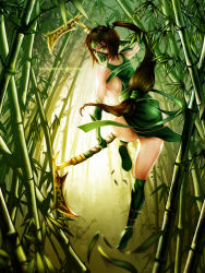 Rule 34 | akali, akali (legacy), armor, ass, back, bamboo, bamboo forest, boots, breasts, brown hair, dress, dual wielding, forehead protector, forest, gloves, greaves, green dress, green eyes, hair tie, holding, holding weapon, kama (weapon), league of legends, long hair, mask, mouth mask, nature, ninja, ponytail, scythe, shoulder armor, sickle, sideboob, solo, very long hair, waterring, weapon