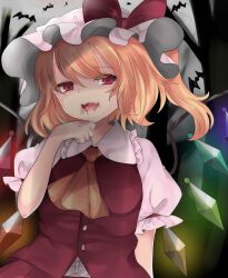 Rule 34 | 1girl, ascot, bat (animal), blonde hair, blood, blood from mouth, bow, breasts, buttons, center frills, collared shirt, crystal, dress shirt, flandre scarlet, frilled shirt collar, frilled sleeves, frills, glowing, glowing wings, hat, hat bow, highres, hyaku paasento, mob cap, multicolored wings, one side up, open mouth, red bow, red eyes, red skirt, red vest, shirt, skirt, small breasts, solo, teeth, touhou, upper teeth only, vest, white hat, white shirt, wings, yellow ascot