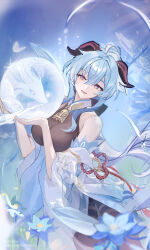 Rule 34 | 1girl, absurdres, ahoge, alternate costume, bare shoulders, bell, blue flower, blue hair, breasts, detached sleeves, flower, ganyu (genshin impact), genshin impact, glaze lily, highres, horns, long hair, looking at viewer, medium breasts, neck bell, nizway, no gloves, open mouth, orb, purple eyes, qilin (mythology), sidelocks, smile, solo, tassel, vision (genshin impact), white sleeves