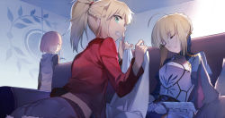 Rule 34 | 3girls, ahoge, aqua eyes, armor, artoria pendragon (all), artoria pendragon (fate), bianyuanqishi, blonde hair, blue ribbon, closed eyes, fate/grand order, fate (series), finger to mouth, fou (fate), glasses, hair ribbon, highres, index finger raised, looking at another, looking at viewer, mash kyrielight, mordred (fate), mordred (fate/apocrypha), mordred (memories at trifas) (fate), multiple girls, open mouth, ponytail, purple eyes, purple hair, ribbon, saber (fate), short hair, sleeping, smile, teeth, ushiwakamaru (fate)