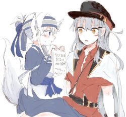 Rule 34 | 2girls, ainu clothes, animal ears, belt, blue eyes, blush, breasts, brown gloves, closed mouth, facial scar, fake animal ears, fake tail, flat cap, fox ears, fox tail, gangut (kancolle), gloves, grey hair, hair between eyes, hair ornament, hairclip, hat, itomugi-kun, jacket, jacket on shoulders, kamoi (kancolle), kantai collection, kemonomimi mode, large breasts, long hair, looking at another, looking at viewer, military, military hat, military jacket, military uniform, multiple girls, naval uniform, open mouth, peaked cap, ponytail, red eyes, red shirt, scar, scar on cheek, scar on face, shirt, simple background, sitting, tail, uniform, white background