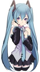 Rule 34 | 1girl, bare shoulders, black skirt, black thighhighs, blue hair, blue necktie, blush, closed mouth, collared shirt, cropped legs, detached sleeves, grey shirt, hair between eyes, hands up, hatsune miku, highres, legs together, long hair, microphone, necktie, p2 (uxjzz), pleated skirt, purple eyes, shirt, simple background, skirt, sleeveless, sleeveless shirt, smile, solo, standing, thighhighs, twintails, very long hair, vocaloid, white background, wing collar, zettai ryouiki