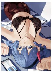 Rule 34 | 1girl, absurdres, ako (blue archive), armpits, bare shoulders, black bra, black panties, blue archive, blue hair, bra, breasts, cleavage, closed mouth, collarbone, earrings, from above, garter belt, garter straps, haerge, hair between eyes, hairband, highres, jewelry, lace, lace-trimmed bra, lace trim, large breasts, long hair, looking at viewer, lying, navel, panties, pantyhose, purple eyes, smile, solo, torn clothes, torn pantyhose, underwear, underwear only