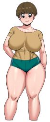 Rule 34 | 1girl, :&gt;, blush, breasts, cleavage, closed mouth, curvy, elf-san wa yaserarenai., gender request, genderswap, hip focus, huge breasts, legs, looking at viewer, naoe-san, naoe (elf-san wa yaserarenai.), short hair, simple background, solo, standing, synecdoche, thick thighs, thighs, white background, wide hips