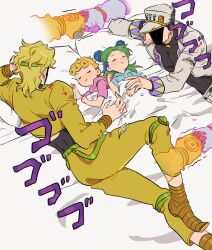 Rule 34 | 1girl, 3boys, aged down, belt, black hair, black leotard, black nails, blonde hair, blood, blood on clothes, clenched hands, closed eyes, coat, commentary, dio brando, double bun, father and daughter, father and son, fist bump, giorno giovanna, gloves, green hair, hair bun, hat, headband, highres, honlo, jacket, jewelry, jojo no kimyou na bouken, kuujou jolyne, kuujou joutarou, leotard, long coat, lying, multicolored hair, multiple boys, muscular, muscular male, pants, shaded face, shirt, sleeping, smile, stand (jojo), star platinum, the world, torn clothes, two-tone hair, white background, white coat, yellow jacket, yellow pants