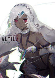 Rule 34 | 10s, 1girl, absurdres, altera (fate), bare shoulders, collarbone, dark-skinned female, dark skin, detached sleeves, fate/extella, fate/extra, fate/grand order, fate (series), full-body tattoo, headdress, highres, hip focus, jewelry, looking at viewer, midriff, navel, parted lips, red eyes, shenq, short hair, simple background, solo, tagme, tan, tattoo, thighs, white background, white hair
