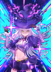 Rule 34 | 1girl, absurdres, aura, black capelet, black gloves, black hat, black shirt, black skirt, blunt bangs, breasts, capelet, cleavage, closed mouth, commentary, cowboy shot, cropped shirt, fire, floating hair, gloves, gurenngi, hand on headwear, hat, highres, hololive, light particles, long hair, long sleeves, looking at viewer, magic, miniskirt, murasaki shion, murasaki shion (1st costume), navel, neck ribbon, pink ribbon, purple fire, ribbon, shirt, silver hair, skirt, small breasts, smile, solo, sparkle, standing, stomach, striped clothes, striped shirt, torn capelet, torn clothes, v-shaped eyebrows, vertical-striped clothes, vertical-striped shirt, virtual youtuber, witch hat, yellow eyes