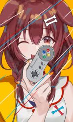 Rule 34 | 1girl, absurdres, animal ears, bare shoulders, bone hair ornament, braid, braided bangs, brown eyes, brown hair, commentary, controller, dog ears, dog girl, fangs, forehead, game console, hair between eyes, hair ornament, hand up, highres, holding, hololive, inugami korone, inugami korone (1st costume), looking at viewer, nail polish, one eye closed, open mouth, orange nails, riogu7t, simple background, solo, super nintendo, teeth, upper body, upper teeth only, virtual youtuber, yellow background