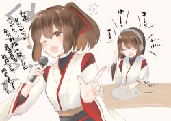 Rule 34 | 2girls, ;d, ?, alternate costume, brown eyes, brown hair, commentary request, closed eyes, hair ribbon, headphones, holding, holding microphone, hyuuga (kancolle), index finger raised, ise (kancolle), kantai collection, microphone, multiple girls, nontraditional miko, one eye closed, open mouth, ponytail, red ribbon, ribbon, short hair, skin tight, smile, translation request, undershirt, yuzu (kimagure kankitsurui)