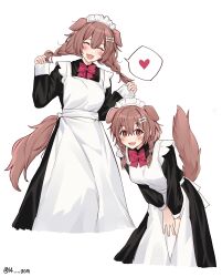 Rule 34 | 14 (vision5032), 1girl, absurdres, alternate costume, animal ears, apron, black dress, bone hair ornament, braid, brown eyes, brown hair, commentary, dog ears, dog girl, dog tail, dress, enmaided, fangs, feet out of frame, full body, hair ornament, heart, highres, hololive, inugami korone, leaning forward, long dress, long sleeves, maid, maid apron, maid headdress, multiple views, neck ribbon, open mouth, red ribbon, ribbon, shoes, smile, socks, spoken heart, standing, tail, twin braids, virtual youtuber, white apron