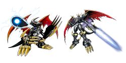 Rule 34 | armor, cannon, claws, damaged, digimon, dragon, energy, highres, imperialdramon, imperialdramon dragon mode (black), imperialdramon fighter mode (black), official art, red eyes, sharp teeth, tail, teeth, wings