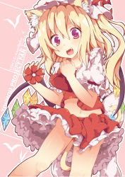 Rule 34 | 1girl, animal ears, ascot, blonde hair, cat ears, cat tail, fang, flandre scarlet, flower, hat, hat ribbon, heart, kan lee, kemonomimi mode, midriff, mob cap, navel, open mouth, puffy short sleeves, puffy sleeves, red eyes, ribbon, sash, shirt, short sleeves, side ponytail, skirt, skirt set, smile, solo, tail, touhou, vest, wind, wind lift, wings