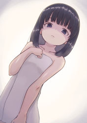 Rule 34 | 1girl, absurdres, bare arms, bare shoulders, black hair, blunt bangs, closed mouth, collarbone, flat chest, glaring, highres, himenogi rinze, looking at viewer, love r, medium hair, naked towel, saisho no nakama, shaded face, simple background, solo, towel