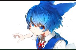 Rule 34 | 1girl, blue bow, blue eyes, blue hair, blue vest, bow, cirno, closed mouth, collared shirt, hair bow, highres, letterboxed, looking at viewer, neck ribbon, niwarhythm, red ribbon, ribbon, shirt, short sleeves, solo, touhou, upper body, vest, white background, white shirt, wing collar