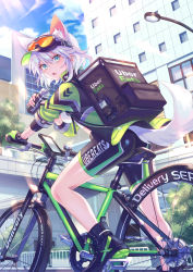 Rule 34 | 1girl, absurdres, animal ears, bicycle, blue eyes, building, commentary request, hair between eyes, highres, looking at viewer, original, outdoors, phone, shoes, short hair, solo, suzaku (zaku6584), uber eats, white hair