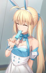 Rule 34 | 1girl, ^ ^, absurdres, ahoge, animal ears, apron, artoria caster (fate), artoria caster (swimsuit) (fate), artoria caster (swimsuit) (second ascension) (fate), besmiled, blonde hair, blue bow, blue dress, blurry, blurry background, blush, bow, closed eyes, closed mouth, collarbone, commentary request, depth of field, detached sleeves, dress, fake animal ears, fate/grand order, fate (series), food, hair between eyes, hairband, highres, holding, holding food, indoors, licking, long hair, ponytail, popsicle, puffy short sleeves, puffy sleeves, rabbit ears, short sleeves, solo, tongue, tongue out, very long hair, white apron, white hairband, white sleeves, wrist cuffs