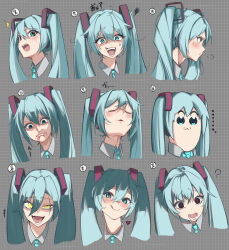 Rule 34 | ..., 1girl, ?, absurdres, alternate eye color, anger vein, angry, bkub (style), blue eyes, blue hair, blue necktie, blush, closed eyes, closed mouth, collared shirt, commentary request, embarrassed, expressions, grey background, grey shirt, hatsune miku, heart, heart-shaped pupils, highres, kobacha (ochakoba), licking lips, long hair, looking at viewer, messy hair, multiple views, necktie, open mouth, parody, parted lips, pink pupils, poptepipic, puff of air, ringed eyes, shirt, style parody, surprised, sweatdrop, symbol-shaped pupils, tongue, tongue out, translation request, twintails, vocaloid, yellow eyes