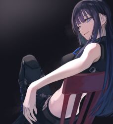 Rule 34 | 1girl, absurdres, bare arms, bare shoulders, belt, black background, black footwear, black hair, black pants, blue archive, blue eyes, boots, breasts, commentary request, crop top, from behind, grin, highres, knee pads, knee up, kuro shiraga, long hair, looking at viewer, medium breasts, narrowed eyes, on chair, pants, saori (blue archive), sitting, smile, solo, straight hair, very long hair