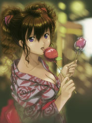 Rule 34 | 1girl, blurry, blurry background, breasts, brown hair, candy apple, cleavage, female focus, food, highres, holding, japanese clothes, kimono, kobayashi yuji, licking, looking at viewer, medium breasts, neon genesis evangelion, no bra, purple eyes, solo, souryuu asuka langley, tongue, tongue out, upper body