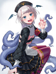 Rule 34 | 1girl, apron, armband, black bra, black headwear, black skirt, blue eyes, bra, breasts, cleavage, frilled apron, frilled skirt, frills, gold trim, grey hair, head wings, high-waist skirt, highres, indie virtual youtuber, kikino, long hair, mole, mole under mouth, open mouth, pink nails, pink thighhighs, pochimaru (vtuber), pochimaru (vtuber) (2nd costume), red armband, sharp teeth, signature, skirt, small breasts, solo, teeth, tentacle hair, thighhighs, underwear, virtual youtuber, white apron, wings