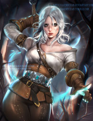 Rule 34 | 1girl, ciri, green eyes, lips, long hair, magic, off shoulder, sakimichan, solo, sword, the witcher (series), the witcher 3, watermark, weapon, white hair