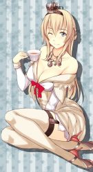 Rule 34 | 10s, 1girl, ;), bare shoulders, blonde hair, blue eyes, blush, braid, breasts, cleavage, closed mouth, collarbone, crown, cup, dress, french braid, garter straps, hair between eyes, high heels, holding, holding cup, jewelry, kantai collection, kuurunaitsu, large breasts, long hair, long sleeves, looking at viewer, mini crown, necklace, off shoulder, one eye closed, scepter, sitting, smile, solo, teacup, thighhighs, warspite (kancolle), white thighhighs, yokozuwari