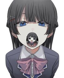 Rule 34 | 2girls, black eyes, black hair, black jacket, blazer, blue eyes, bow, bowtie, chibi, clone, collared shirt, commentary, hair ornament, hairclip, half-closed eyes, half updo, highres, jacket, kasou (roomno404 ), long hair, looking at viewer, lower teeth only, mini person, minigirl, multiple girls, nijisanji, open mouth, pink bow, pink bowtie, shirt, sitting, smile, teeth, tsukino mito, tsukino mito (1st costume), upper body, virtual youtuber, vore, white shirt