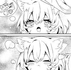 Rule 34 | 1girl, 2koma, :&lt;, :d, animal ear fluff, animal ears, blush stickers, bowl, cat ears, cat girl, cat tail, closed eyes, closed mouth, comic, commentary request, drooling, fish, greyscale, hair between eyes, highres, hololive, kamioka shun&#039;ya, monochrome, mouth drool, nekomata okayu, open mouth, smile, sparkle, tail, tail wagging, virtual youtuber, x x