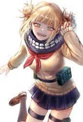 Rule 34 | 1girl, absurdres, belt, blonde hair, blue skirt, blunt bangs, blush, boku no hero academia, cardigan, double bun, fangs, hair bun, highres, loafers, messy hair, open mouth, pleated skirt, school uniform, serafuku, shoes, sidelocks, simple background, skirt, solo, thigh strap, toga himiko, utility belt, white background, yellow eyes
