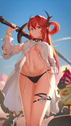 Rule 34 | 1girl, absurdres, arknights, bare shoulders, bikini, black bikini, black choker, blue sky, bracelet, breasts, burnt clothes, choker, closed mouth, csllin, cup, day, detached sleeves, feet out of frame, food, hair between eyes, hair intakes, hair ornament, hair rings, hand on own hip, highres, holding, holding sword, holding weapon, horns, huge weapon, ice cream, jewelry, large breasts, long hair, long sleeves, looking at viewer, navel, official alternate costume, outdoors, purple eyes, red hair, sky, solo, standing, star (symbol), star hair ornament, stomach, surtr (arknights), surtr (colorful wonderland) (arknights), swimsuit, swimsuit cover-up, sword, thigh gap, thigh strap, underboob, weapon