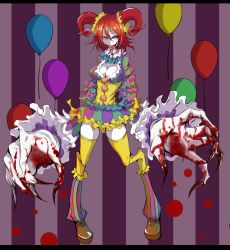 Rule 34 | 1girl, balloon, blood, breasts, claws, cleavage, clown, colored skin, female focus, horns, letterboxed, makeup, monster girl, original, red hair, sangyou haikibutsu (turnamoonright), short hair, smile, solo, thighhighs, tongue, tongue out, white skin, yellow eyes