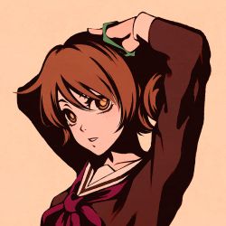 Rule 34 | 1girl, adjusting hair, arms behind head, black shirt, bow, bowtie, breasts, brown eyes, brown hair, dress shirt, hair between eyes, hair ornament, hair scrunchie, hands up, hibike! euphonium, high contrast, looking at viewer, looking to the side, moshimoshibe, oumae kumiko, parted lips, red bow, red bowtie, school uniform, scrunchie, shirt, short hair, small breasts, solo, tan background, texture, wavy hair
