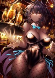 Rule 34 | 1girl, alcohol, animal ears, aqua bow, aqua bowtie, arm tattoo, black hair, black headband, black leotard, blue archive, blush, bow, bowtie, breasts, cleavage, closed mouth, commentary request, covered navel, cowboy shot, cup, curled fingers, curvy, dark-skinned female, dark skin, detached collar, drinking glass, expressionless, fake animal ears, fishnet pantyhose, fishnets, gloves, glowing, hair between eyes, halo, hand on own chest, hand up, headband, high ponytail, highleg, highleg leotard, highres, holding, holding tray, karin (blue archive), karin (bunny) (blue archive), large breasts, leaning forward, leotard, liquor, long hair, looking at viewer, looking down, multicolored hair, open mouth, oyu udon, pantyhose, playboy bunny, purple hair, rabbit ears, rabbit tail, shiny clothes, shiny skin, sidelocks, simple background, slit pupils, soju, solo, strapless, strapless leotard, streaked hair, tail, tattoo, thigh gap, thighs, thong leotard, traditional bowtie, tray, two-tone hair, very long hair, white gloves, wide hips, wrist cuffs, yellow eyes