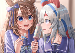Rule 34 | 2girls, :d, absurdres, animal ears, behind another, blue eyes, blurry, blurry background, blush, bow, braid, brown hair, commentary request, ear bow, ear covers, empty eyes, eye contact, grey hair, hair between eyes, hairband, hands up, headband, highres, holding, holding pacifier, holding rattle, horse ears, indoors, long sleeves, looking at another, looking back, multiple girls, ooeyama, open mouth, pacifier, parted bangs, parted lips, rattle, school uniform, shirt, smile, super creek (umamusume), tamamo cross (umamusume), tracen school uniform, umamusume, upper body